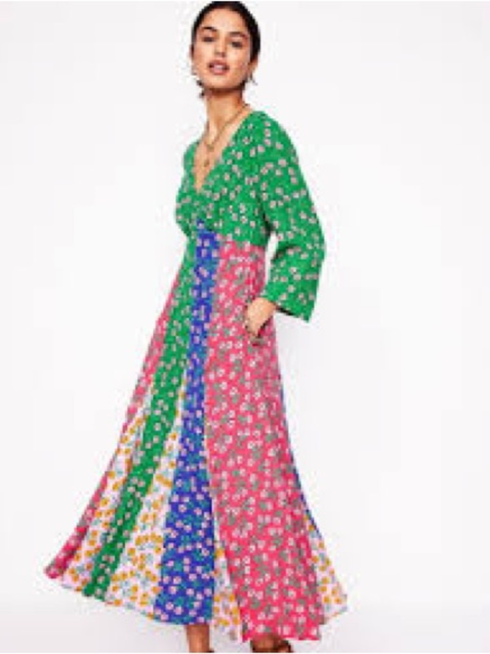 Boden Multicolor Floral Patchwork V‑Neck Maxi Dress